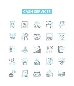 Cash services vector line icons set. Money, funds, banking, payments, ATM, debit Stock Illustration