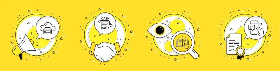 Cashback card, Technical documentation and Cloud server icons set. 24h service Illustrazione stock