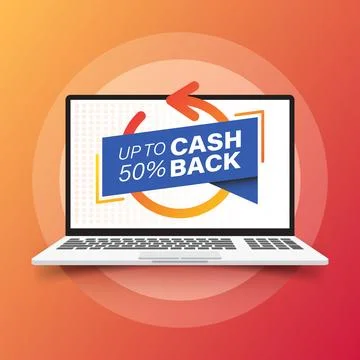 Cashback with computer laptop icon in flat style. Money back label vector i.. Stock Illustration