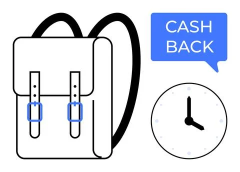 Cashback Concept with a Backpack, Clock, and Speech Bubble in Minimal Design Illustrazione stock