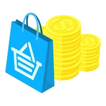 Cashback concept icon isometric vector. Golden coin stack near shopping package 스톡 일러스트
