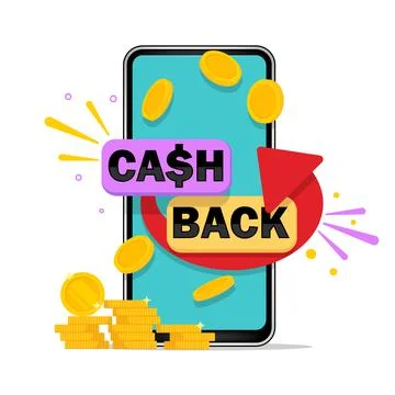 Cashback concept. Smartphone with button get started the cashback. Vector ill Stock Illustration