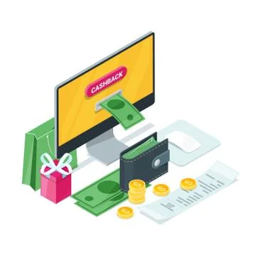 Cashback concept. Vector isometric 3d illustration. Money icons for cash back Stock-Illustration