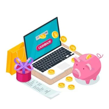 Cashback concept. Vector isometric 3d illustration. Money icons for cash back Stock Illustration