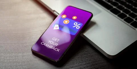 Cashback customer loyalty program concept. Smartphone with discount card with Stock Photos