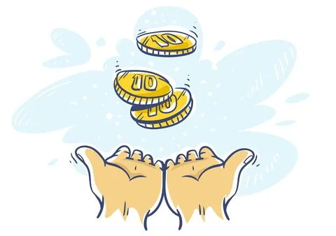 Cashback. Human hands katching 10 cents coins money currency. Vector Stock Illustration