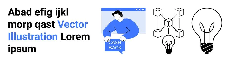 Cashback notification in browser, blockchain structure, and light bulb ideas. Stock Illustration
