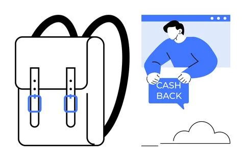 Cashback Offer Concept with Stylish Backpack and Character Holding Cashback.. Stock Illustration
