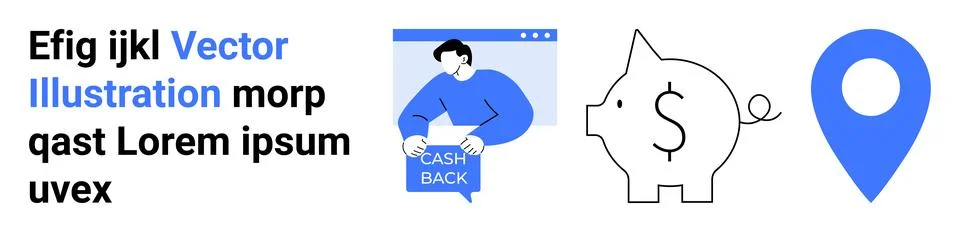 Cashback Offer Concept with Web Interface, Piggy Bank, and Location Pin Icon Illustrazione stock