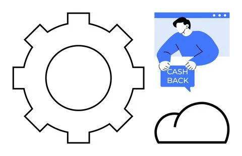 Cashback Program Visualization with Gear and Cloud Elements in Modern Design 스톡 일러스트