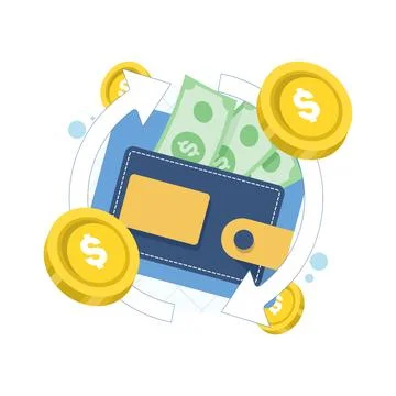Cashback refund concept featuring a wallet with coins and cash Stock Illustration