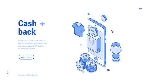 Cashback reward program isometric banner template. Online shopping and e-comm Ilustração Stock