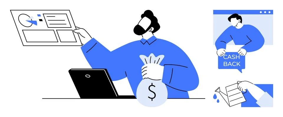 Cashback Rewards Program Concepts with Analytics and Financial Management Illustrazione stock