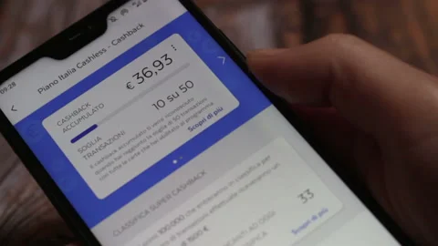 Cashback screen of the Bancoposta App of Poste Italiane with Postepay card. Stock Footage 147538424
