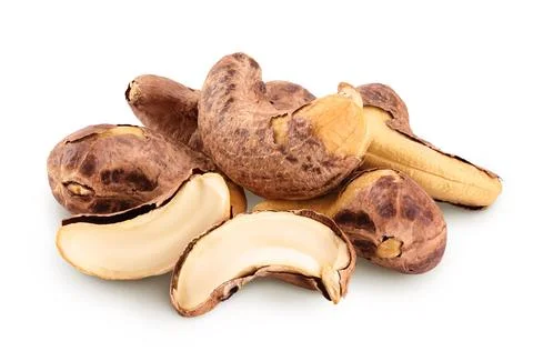 Cashew nuts heap with shell isolated on white background Stock Photos