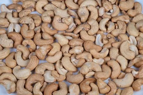 Cashew nuts presentation. Large quantity of natural colored cashew nuts ready fo Stock Photos