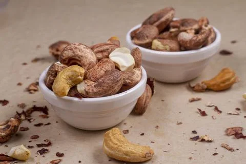 Cashews isolated on light background. Flat lay 스톡 사진