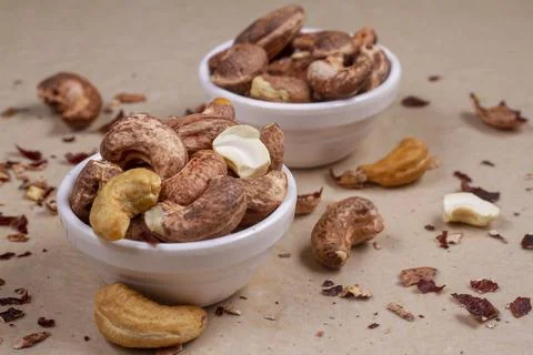 Cashews isolated on light background. Flat lay Stock-Fotos