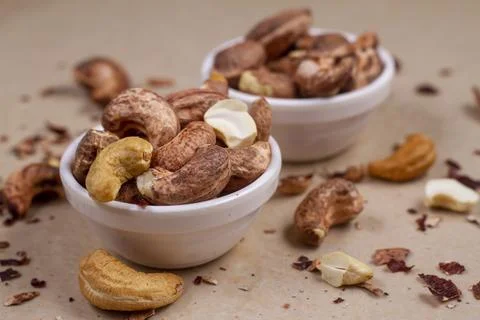 Cashews isolated on light background. Flat lay 스톡 사진