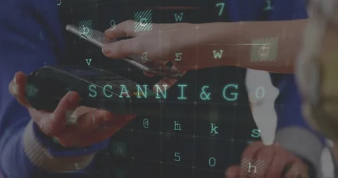 Cashier scanning a bar code from a phone 4k 스톡 동영상 107601628