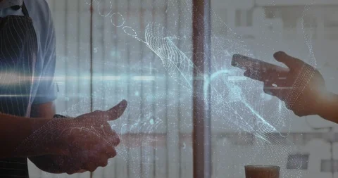 Cashier scanning a code on customer phone 4k Stock Footage 107663913