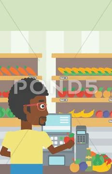 Cashier standing at the checkout in supermarket: Graphic #64973593