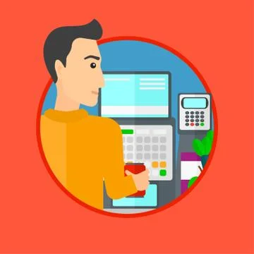 Cashier standing at the checkout in supermarket. Stock Illustration