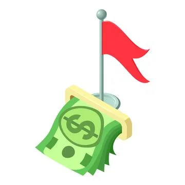 Cashing out icon isometric vector. Red flag and stack of dollar banknote icon 스톡 일러스트