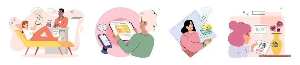 Cashless. Mobile wallets cstore multiple payment methods for added convenience Ilustración de archivo