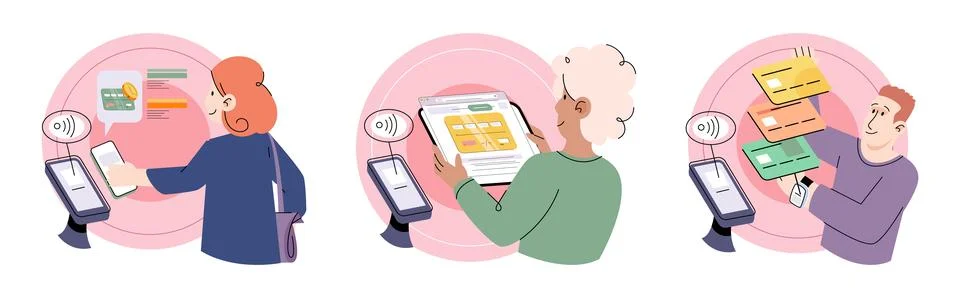 Cashless. NFC-enabled devices cbe used to store loyalty cards, making it easier Illustrazione stock