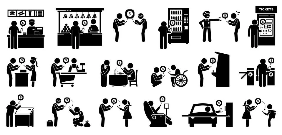 Cashless payment with e-wallet using smartphone. Vector artwork depicts peopl Stock-Illustration