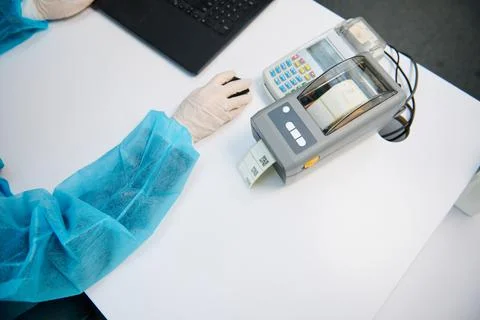 Cashless Payment machine with qr code on screen, smartphone scan to pay barco Stock Photos