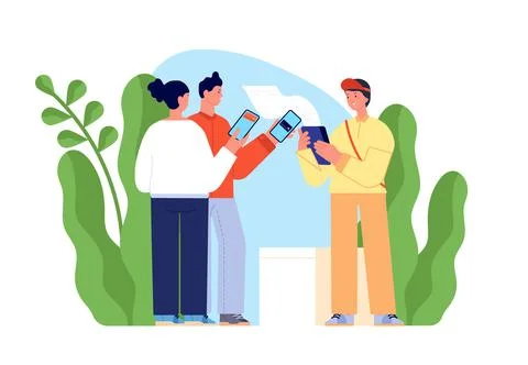 Cashless payments. Card pay processing, terminal bank digital check. Couple pays Illustrazione stock