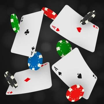 Casino chips and aces falling on a black background. Gambling fond with flyin Stock Illustration