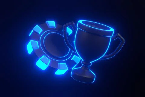 Casino chips and trophy cup with futuristic neon blue lights Stock Illustration