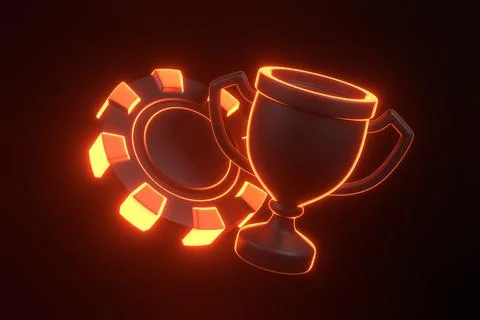 Casino chips and trophy cup with futuristic neon red lights Stock Illustration