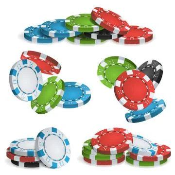 Casino Chips Stacks Vector. 3D Realistic. Colored Poker Game Chips Falling Dawn Stock Illustration