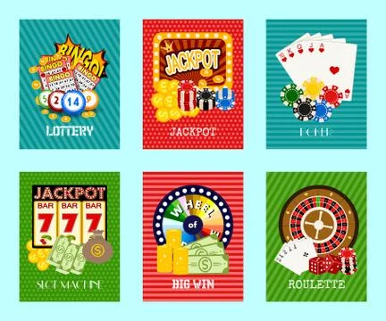 Casino concept set of cards vector illustration. Includes roulette, casino chips Illustrazione stock