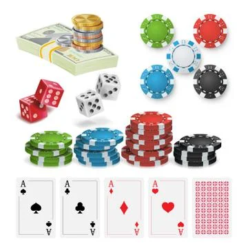 Casino Design Elements Vector. Poker Chips, Playing Cards, Craps. Isolated Stock Illustration