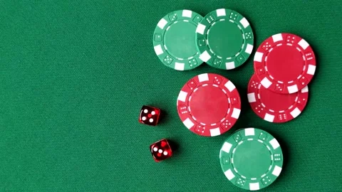 Casino dice and chips on a colored background, poker, gambling with bets. Dice a Stock Footage 328872955