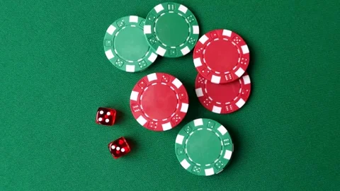 Casino dice and chips on a colored background, poker, gambling with bets. Dice a Stock Footage 328872967