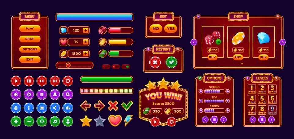 Casino gambling game interface, vector ui buttons 스톡 일러스트