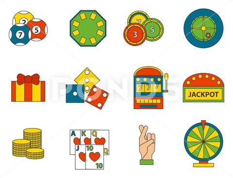 Casino game icons poker gambler symbols blackjack winning roulette joker Stock Illustration
