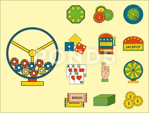 Casino game icons poker gambler symbols blackjack winning roulette joker Stock Illustration