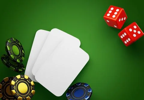 Casino green table 3d background with poker chips, dice and blank playing cards Stock Illustration