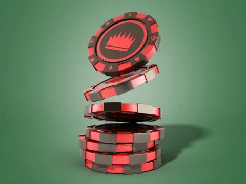 Casino red chips stack on green realistic 3d render objects Stock Illustration