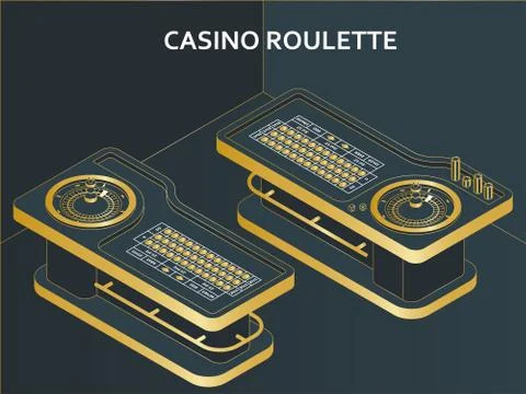 Casino roulette table in isometric flat style. Wheel, chips and dices Stock Illustration
