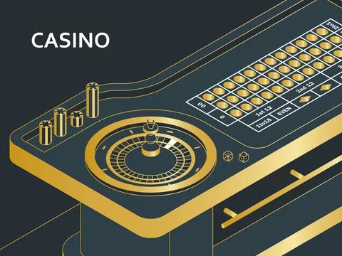 Casino roulette table in isometric flat style. Wheel, chips and dices Stock Illustration