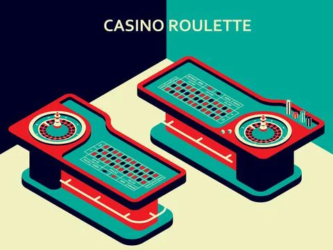 Casino roulette table in isometric flat style. Wheel, chips and dices Illustrazione stock