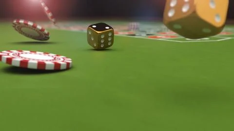 Casino theme, playing chips and gold dices on a gaming table, 3d illustration Stock Illustration